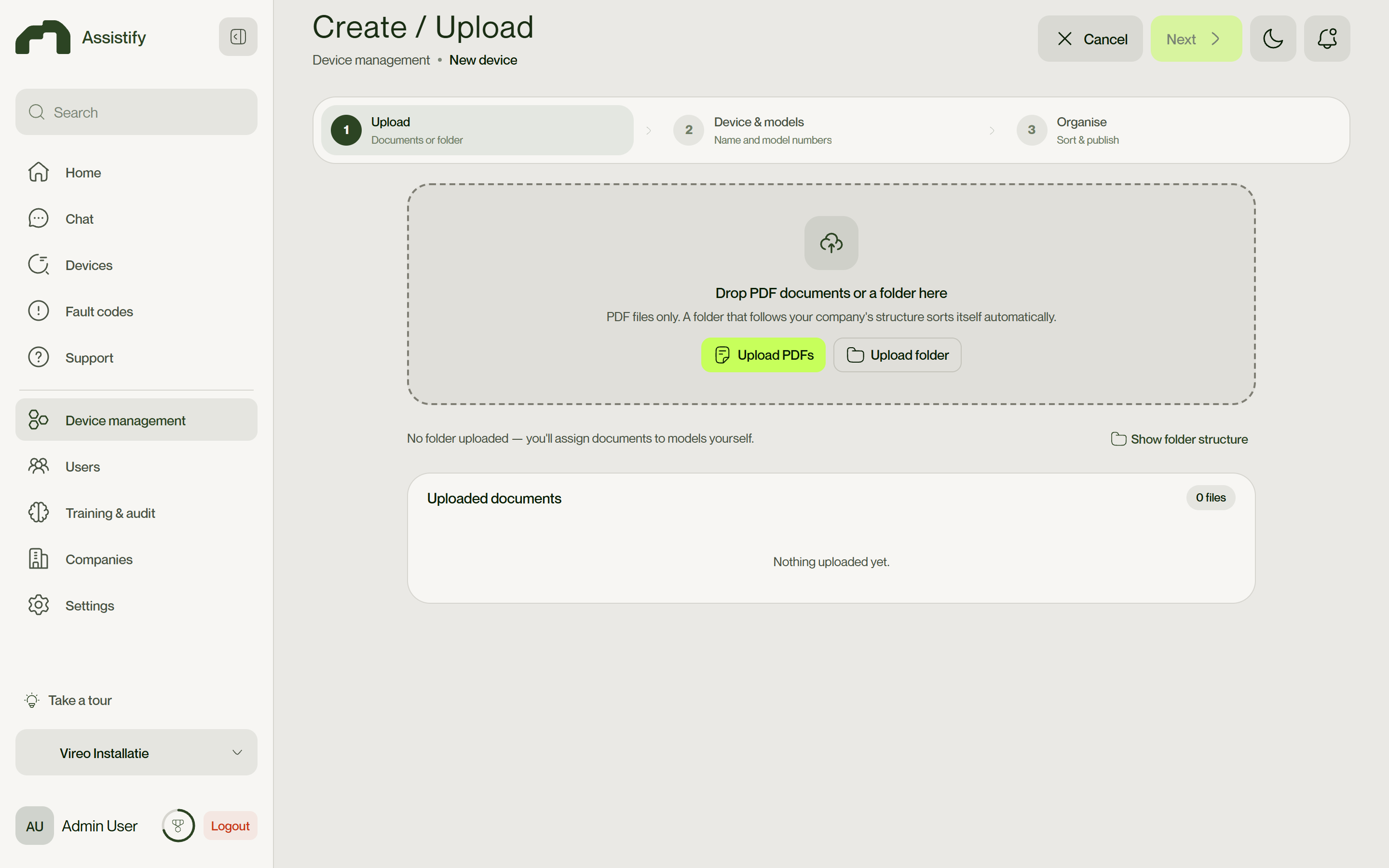 Create / Upload device - the 3-step wizard