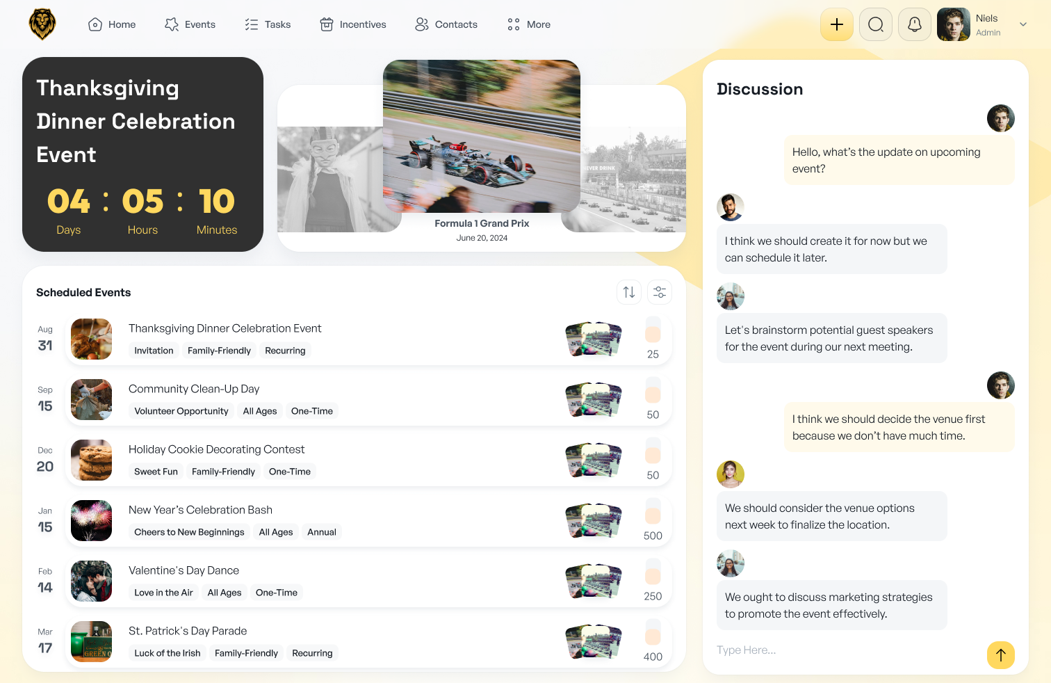 Admin home - event at a glance