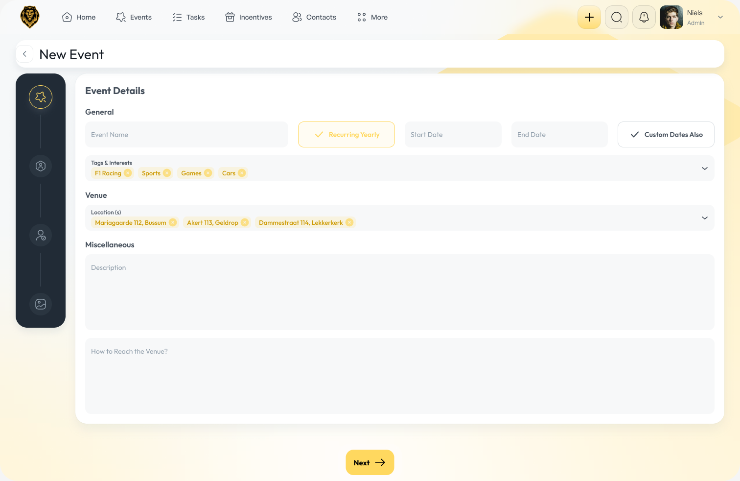 Create event - guided wizard